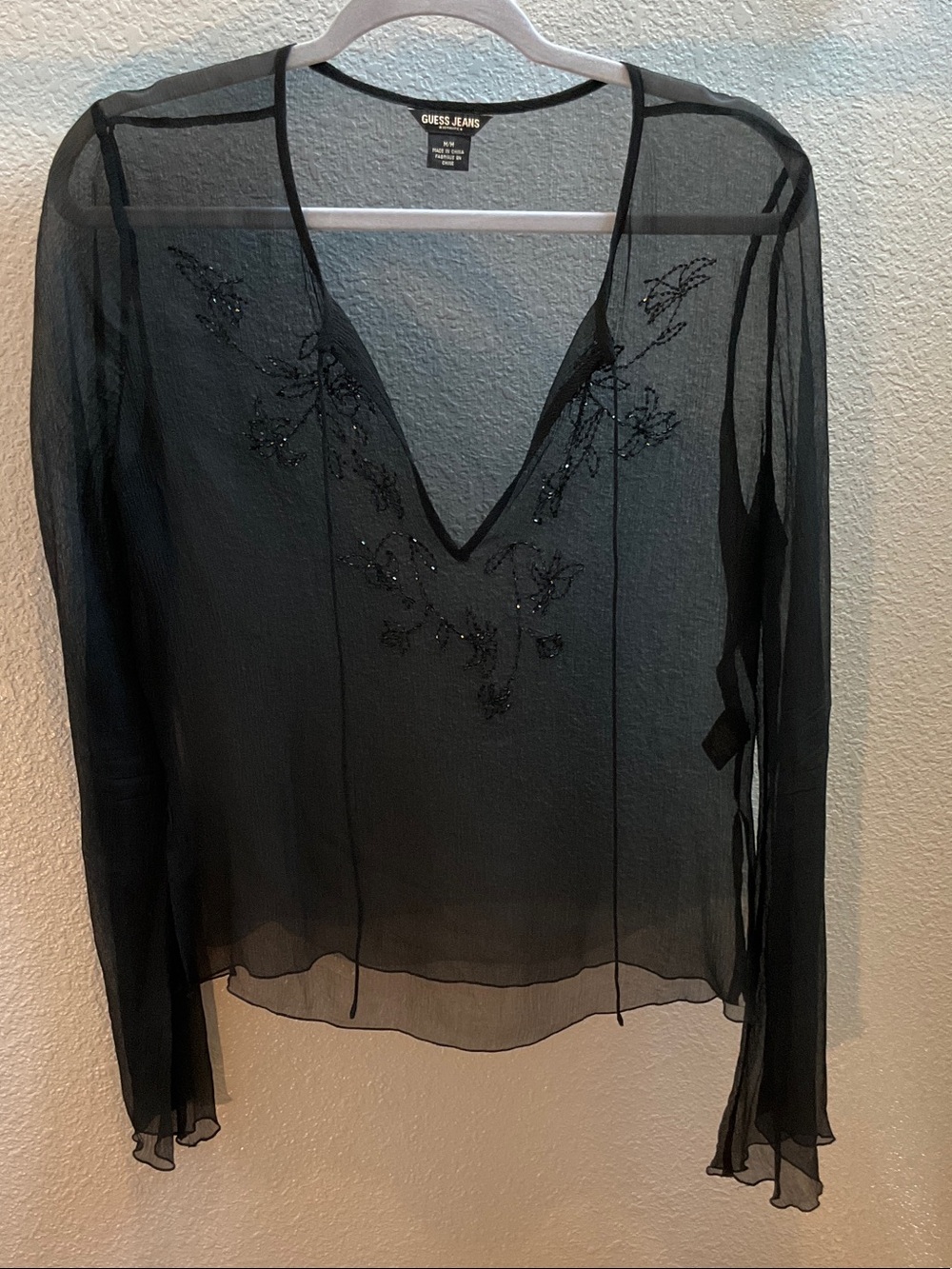 Guess Sheer Black V-Neck Embellished silk Long-Sleeve Blouse